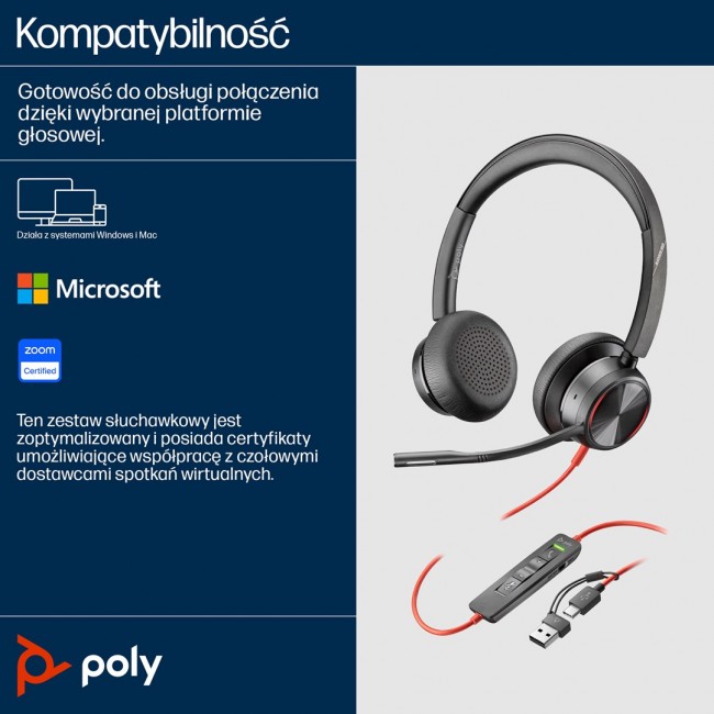 POLY Blackwire 8225 Stereo Microsoft Teams Certified USB-C Headset +USB-C/A Adapter
