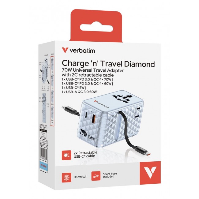 Universal Travel Adapter Verbatim Charge 70W 2C