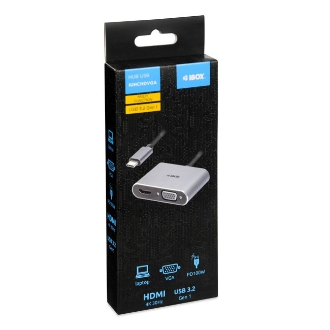 iBox IUHCHDVGA USB Type-C Hub 4-in-1 USB 3.0 + PD 100W + HDMI 4K 30Hz + VGA Full HD