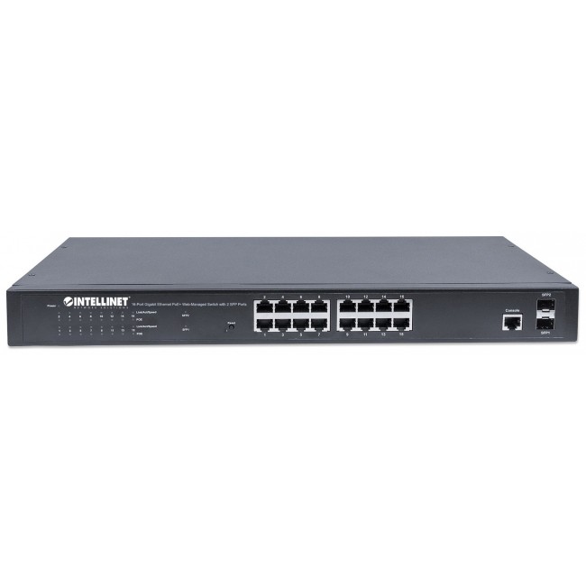 Intellinet 16-Port Gigabit Ethernet PoE+ Web-Managed Switch with 2 SFP Ports, IEEE 802.3at/af Power over Ethernet (PoE+/PoE) Compliant, 374 W, Endspan, 19