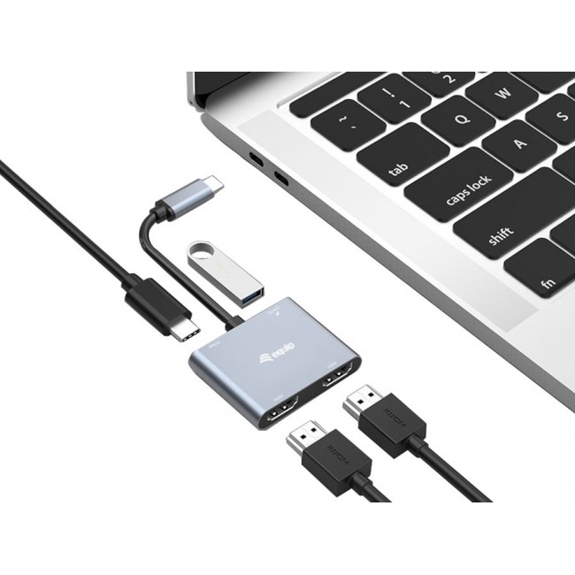 Equip USB-C 4-in-1 Dual HDMI Adapter, USB-C Hub with Dual HDMI USB 3.2 Gen 1 and 100W USB PD, USB-C MST Adapter for Dual Monitors