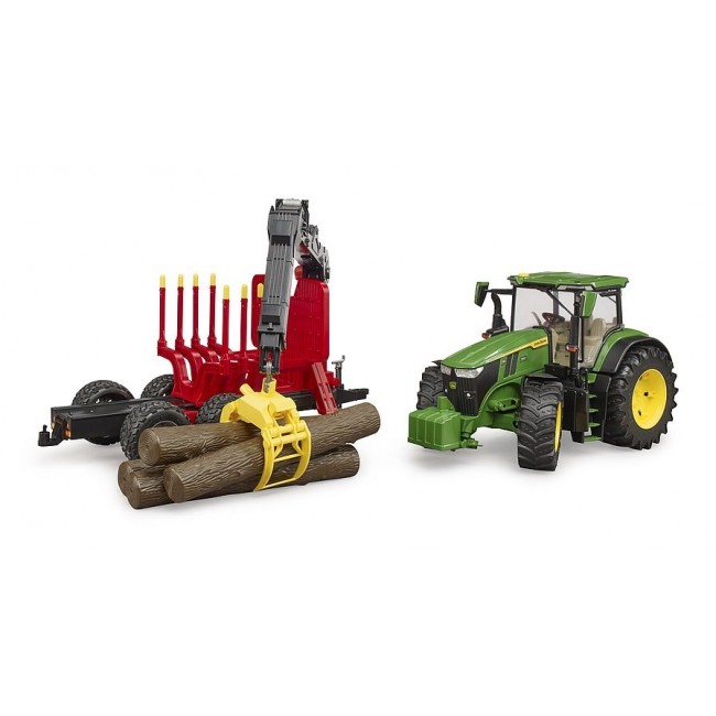 BRUDER John Deere 7R 350 with forestry trailer and 4 trunks