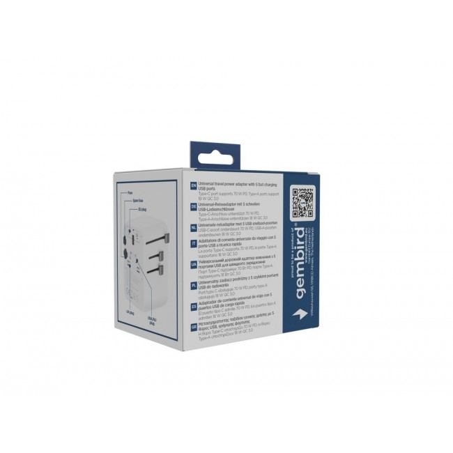 Gembird TPA-2A3C70-01-W Universal travel power adapter, 70 W, white