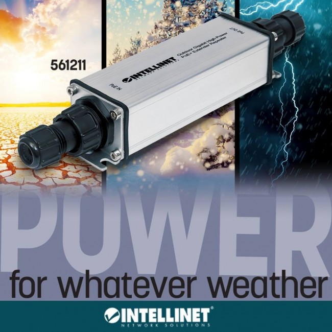 Intellinet Outdoor Gigabit High-Power PoE+ Extender Repeater, IEEE 802.3at/af Power over Ethernet (PoE+/PoE), Extends Range up to 100m, Metal, IP65