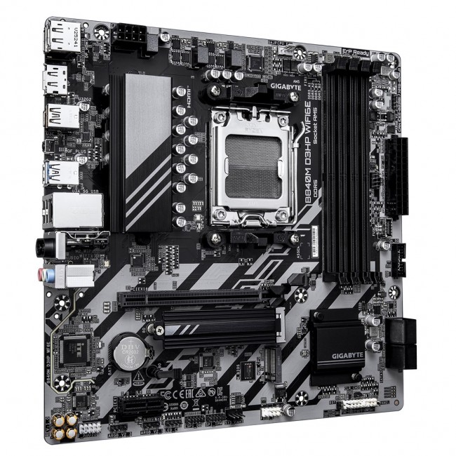 GIGABYTE B840M D3HP WIFI6E Motherboard - AMD Ryzen 9000 CPUs, 8+2+2 Phases VRM, up to 8200MHz DDR5(O.C), 2xPCIe 4.0 M.2, Wi-Fi 6E, 1GbE LAN, USB 3.2 Gen 2