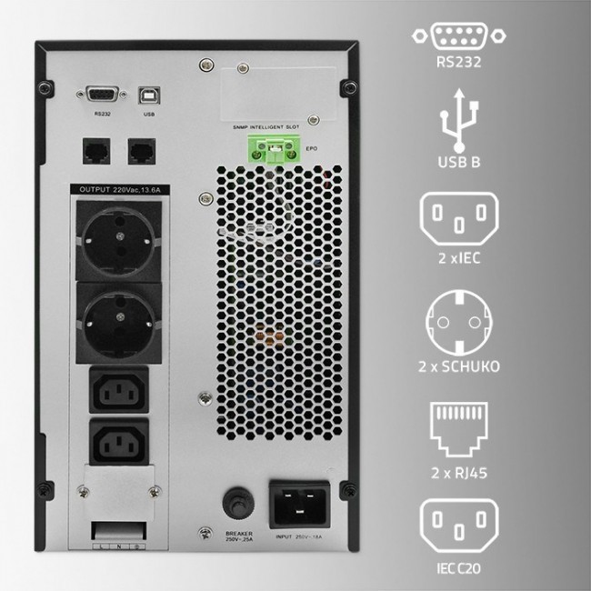 Qoltec Uninterruptible Power Supply (UPS) | 3kVA | 3000W | Power Factor 1.0 | LCD | EPO | USB | Online