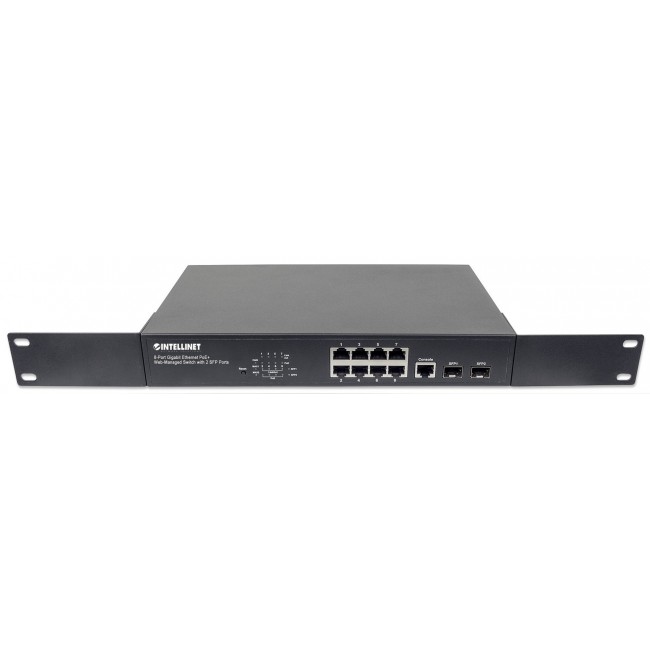 Intellinet 8-Port Gigabit Ethernet PoE+ Web-Managed Switch with 2 SFP Ports, IEEE 802.3at/af Power over Ethernet (PoE+/PoE) Compliant, 140 W, Endspan, Desktop, 19