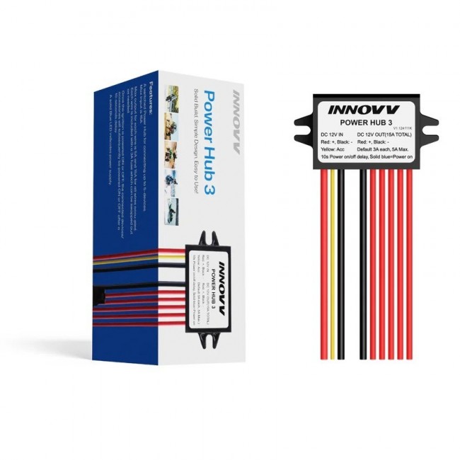 INNOVV Power Hub 3: a waterproof 12 V power splitter for 5 devices, featuring battery protection and fuses