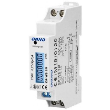 ORNO 1 Phase Electricity Meter, 40A, MID, Pulse Output, Backlight, 1 Module