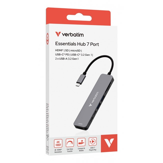 Verbatim USB-C Essentials Multiport Hub 7 ports: HDMI, USB-C, USB-C 3.2 Gen 1, 2 x USB-A 3.2 Gen 1, SD & microSD