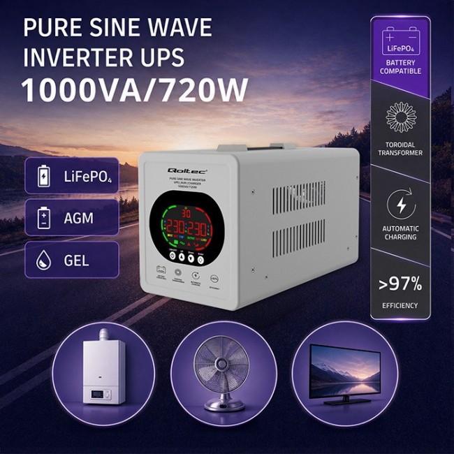 Qoltec Zasilacz awaryjny UPS Pure Sine Wave | 1000VA/720W | Przetwornica 12/230V z AVR | LCD | LiFePO4 AGM GEL
