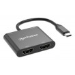 Manhattan USB-C to Dual HDMI and USB-A Adapter, Dual 4K@30Hz or Single 4K@60Hz, USB 2.0 USB-A Port (480 Mbps), Up to 100W USB-C Power Delivery Pass-Through, 15cm Cable, Black, Three Year Warranty
