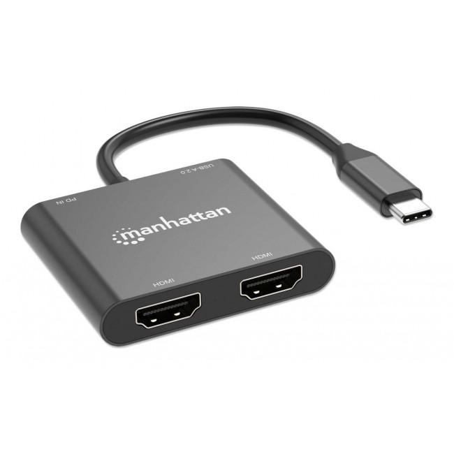 Manhattan USB-C to Dual HDMI and USB-A Adapter, Dual 4K@30Hz or Single 4K@60Hz, USB 2.0 USB-A Port (480 Mbps), Up to 100W USB-C Power Delivery Pass-Through, 15cm Cable, Black, Three Year Warranty