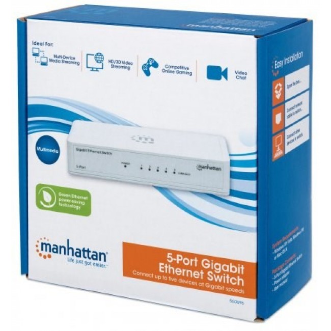 Manhattan 5-Port Gigabit Ethernet Switch, Desktop Size, Plastic, IEEE 802.3az (Energy Efficient Ethernet), Three Year Warranty, Box