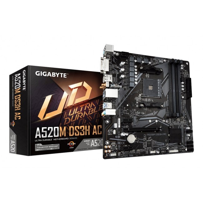GIGABYTE A520M DS3H AC Motherboard - AMD Ryzen 5000 Series CPUs, 5+3 Phases VRM, up to 4733MHz DDR5 (OC), 1xPCIe 3.0 M.2, GbE LAN, WIFI 5, USB 3.2 Gen 1 GIGABYTE A520M DS3H AC Motherboard - AMD Ryzen 5000 Series CPUs, 5+3 Phases VRM, up to 4733MHz DDR5 (OC), 1xPCIe 3.0 M.2, GbE LAN, WIFI 5, USB 3.2 Gen 1