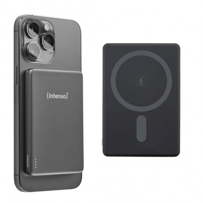 Intenso MW5000 Magnetic Power Bank 5000 mAh MagSafe Compatible, 15W Wireless Charging, 20W USB-C PD, Slim & Compact Tested in Germany Gray