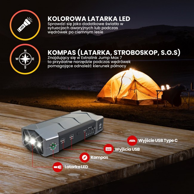 Extralink Jump Max7 Jump Starter 10000mAh | Starter power bank for starting the car | 3x LED, Flashlight, Compass, Hammer Extralink Jump Max7 Jump Starter 10000mAh | Starter power bank for starting the car | 3x LED, Flashlight, Compass, Hammer