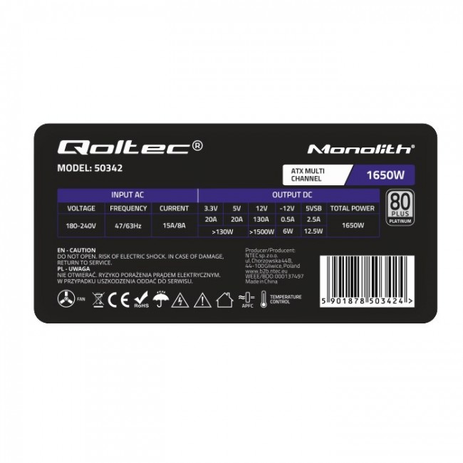 Qoltec Powerful ATX 1650W Power Supply | 80 Plus Platinum Qoltec Powerful ATX 1650W Power Supply | 80 Plus Platinum