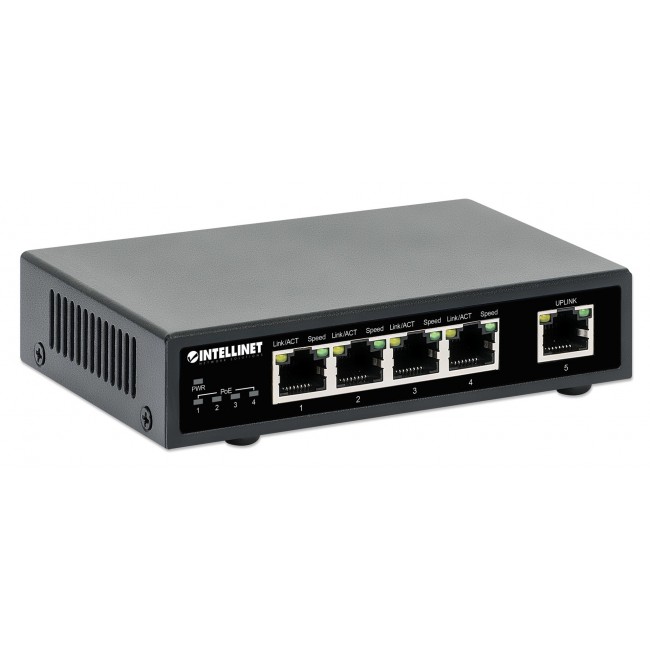 Intellinet 5-Port Gigabit Ethernet PoE+ Switch, Four PSE PoE Ports, IEEE 802.3at/af (PoE+/PoE) Compliant, PoE Power Budget up to 62 W, Desktop Format