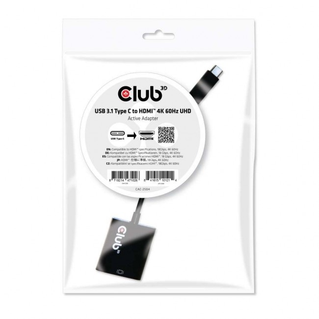 CLUB3D USB 3.1 Type C to HDMI 2.0 UHD 4K 60Hz Active Adapter CLUB3D USB 3.1 Type C to HDMI 2.0 UHD 4K 60Hz Active Adapter
