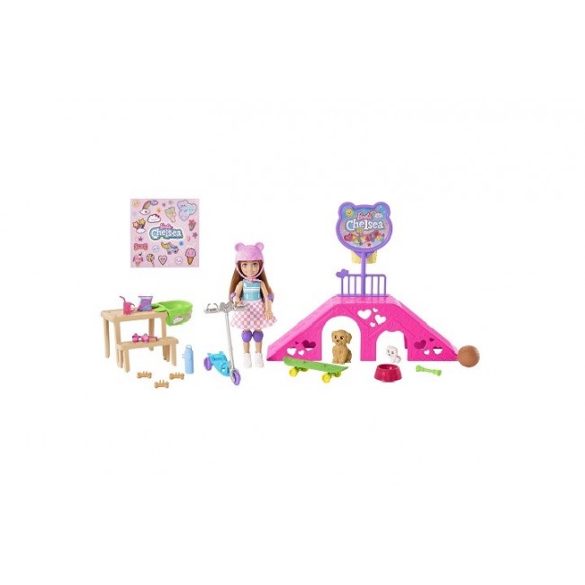 Barbie Chelsea Doll and Accessories, Skatepark Playset with 2 Puppies and 15+ Pieces