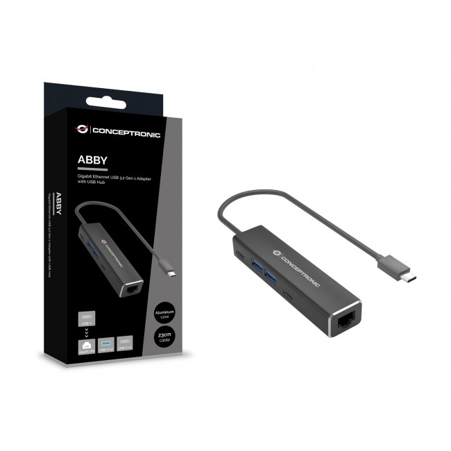 Conceptronic ABBY13B Gigabit Ethernet USB 3.2 Gen 1 Adapter with USB Hub, GbE, USB-A x 2, USB-C x 2