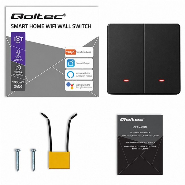 Qoltec 52708 Smart 2-Gang Light Switch | Wi-Fi | Timer | Tuya | Smart life | Black