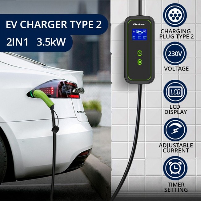 Qoltec Mobile EV Charger 2-in-1 Type2 | 3.5kW | 230V Qoltec Mobile EV Charger 2-in-1 Type2 | 3.5kW | 230V