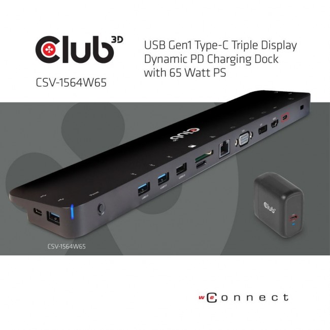 CLUB3D UNIVERSAL USB Gen1 Type-C Triple Display Dynamic PD Charging Dock with 65 Watt PS ( VGA, HDMI, DP, ETHERNET) CLUB3D UNIVERSAL USB Gen1 Type-C Triple Display Dynamic PD Charging Dock with 65 Watt PS ( VGA, HDMI, DP, ETHERNET)