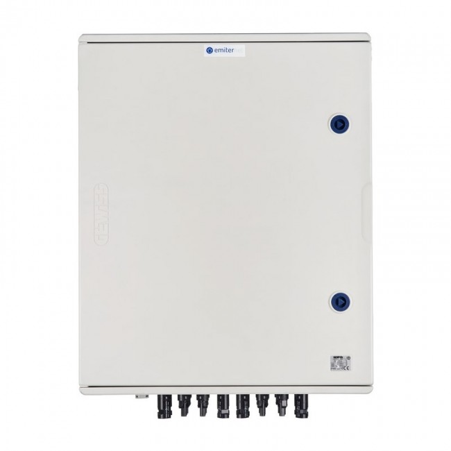 Switchgear attached DCAC hermetic IP66 EMITTER with DC surge arrester Dehn 1000V type 2, 6 x PV string, 6 x MPPT // og. AC Dehn type 2, 100A 3-F, FR 100A, syg. Faz + Socket