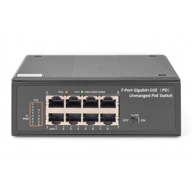 Digitus 7 Port Gigabit Ethernet Netzwerk PoE Switch, Industrial, Unmanaged, 1PD Port