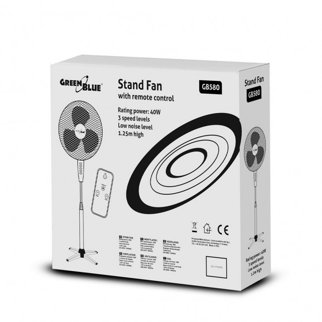 GreenBlue floor fan, 40W, 3 levels of airflow, 1.25m high 1.5m cable, with remote control and timer up to 7.5h, GB580