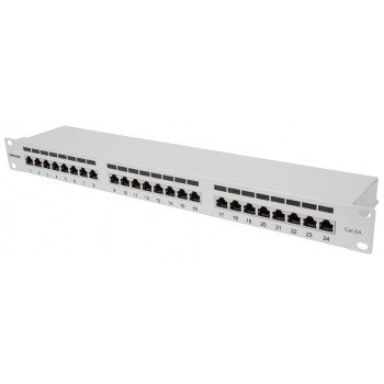 Intellinet Patch Panel, Cat6a, FTP, 24-Port, 1U, Shielded, 90 Top-Entry Punch Down Blocks, Grey