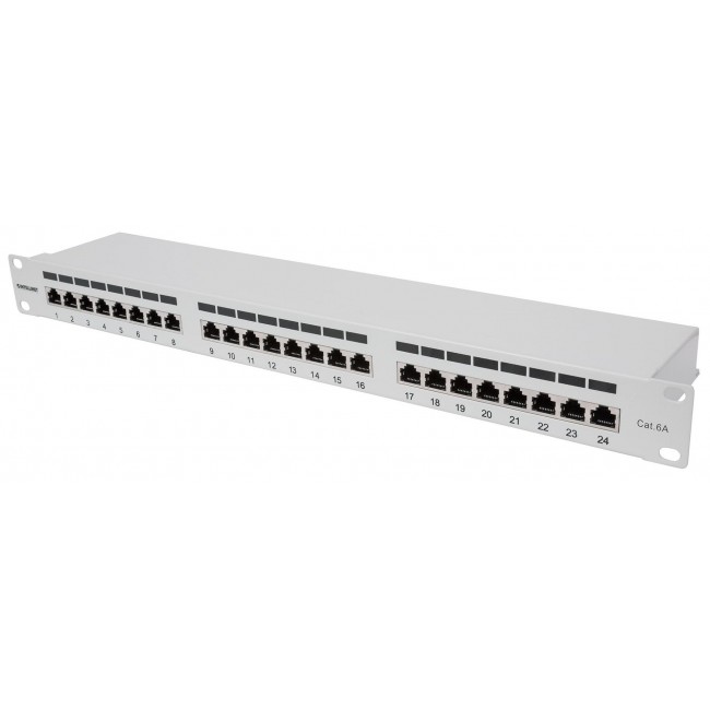 Intellinet Patch Panel, Cat6a, FTP, 24-Port, 1U, Shielded, 90 Top-Entry Punch Down Blocks, Grey