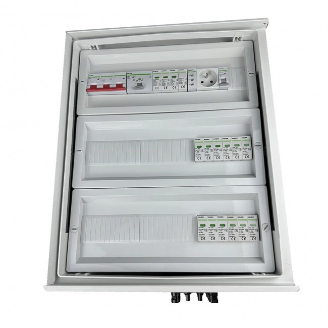 Switchgear attached DCAC hermetic IP66 EMITTER with DC surge arrester Noark 1000V type 1+2, 5 x PV string, 5 x MPPT // og. AC Noark type 1+2, 100A 3-F, FR 100A, syg. Faz + Socket