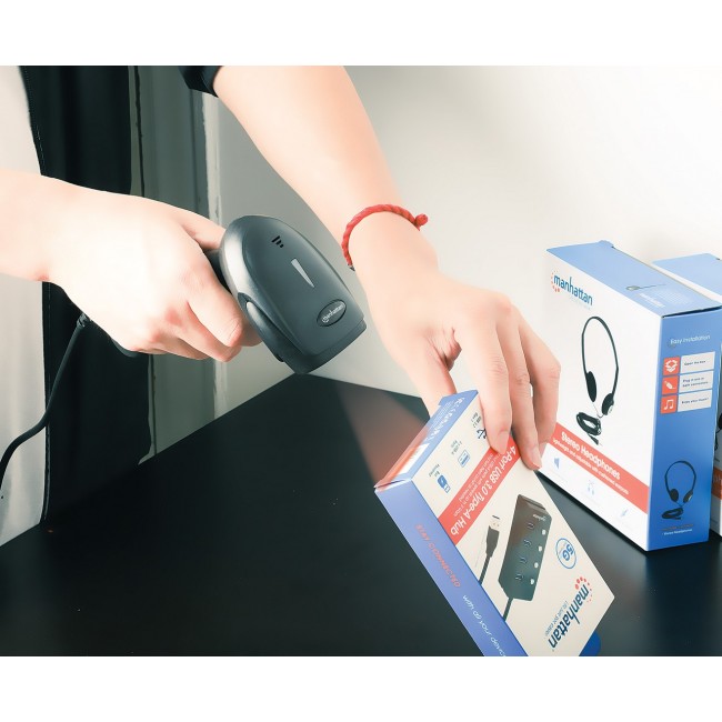 Manhattan Contact CCD Handheld Barcode Scanner, USB, 60mm Scan Width, Cable 152cm, Max Ambient Light 5,000 lux (sunlight), Black, Three Year Warranty
