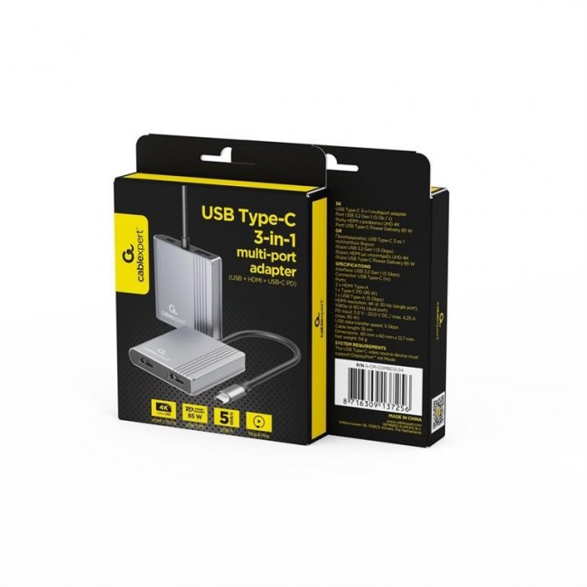 Gembird A-CM-COMBO3-04 interface hub USB Type-C 5000 Mbit/s Grey