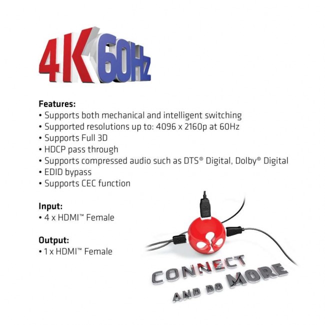 CLUB3D HDMI 2.0 UHD 4K60Hz SwitchBox 4 ports and included IR Remote control