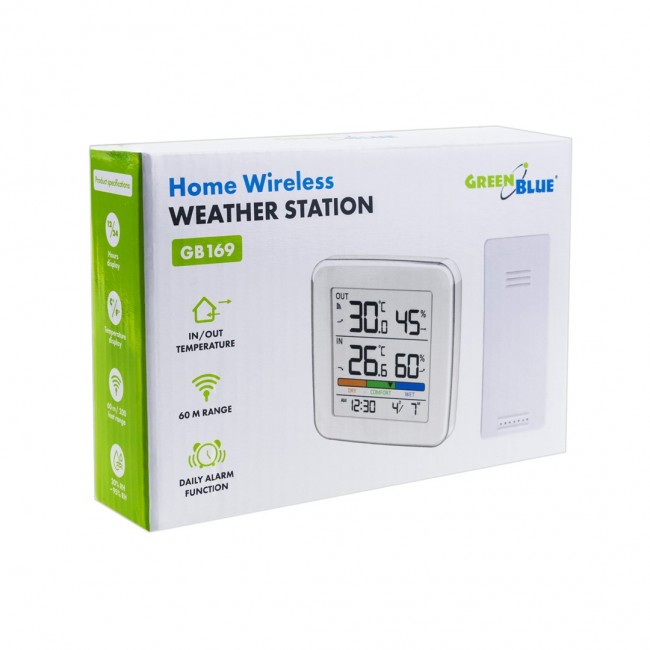 GreenBlue wireless weather station, temperature + humidity IN/OUT, clock + alarm + date, C / F selectable, range up to 60m, GB169