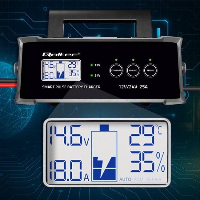 Qoltec Inteligentna mikroprocesorowa adowarka 12V 24V 25A| Prostownik z funkcją naprawy do akumulatora AGM GEL SLA | LCD