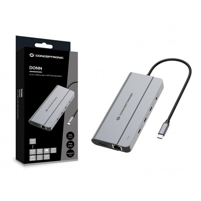 Conceptronic DONN34G 10-in-1 USB 3.2 Gen 2 MST Docking Station, 4K60Hz HDMI, 8K30Hz DisplayPort, GbE, USB-C 10Gbps x 3, USB-A 480Mbps x 2, Audio, 100W USB PD