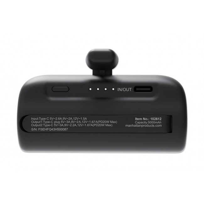 Manhattan Power Bank with integrated USB-C plug, 5000 mAh, Up to 20W output, Kickstand for Use as Charging Phone Holder, Black, One Year Warranty