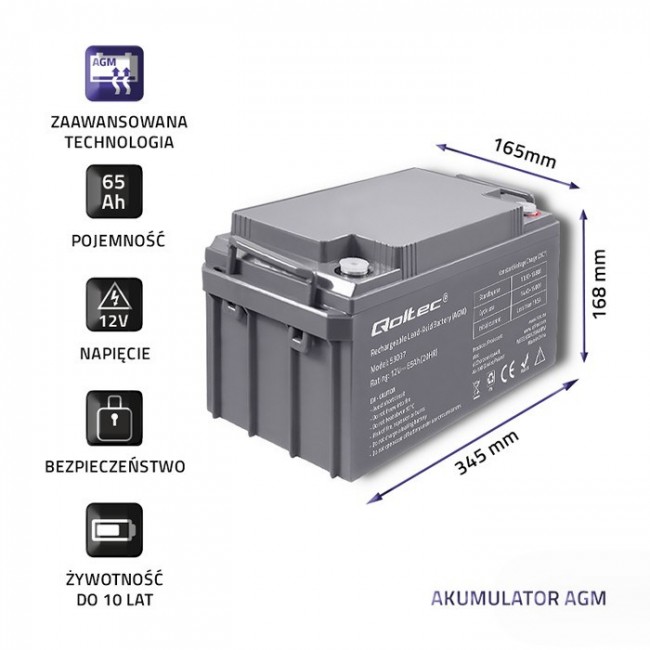 Qoltec 53037 AGM battery | 12V | 65Ah | max 780A Qoltec 53037 AGM battery | 12V | 65Ah | max 780A