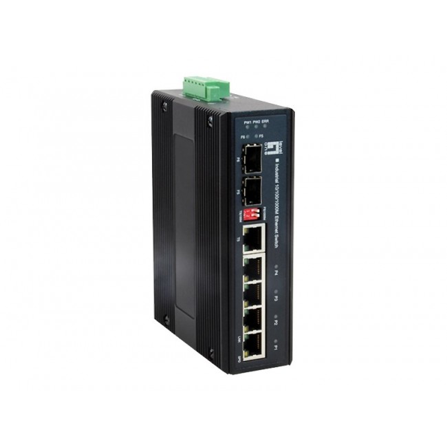 LevelOne 6-Port Gigabit Industrial Switch, 1 x SFP, 1 x SFP/RJ45 Combo, -40 C to 75 C, DIN-Rail