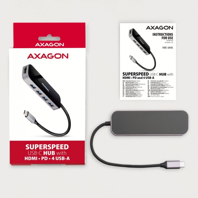 Axagon HMC-6H4A USB 3.2 Gen 1 hub, 4x USB-A, HDMI 4k/30Hz, PD 100W, 20cm USB-C cable
