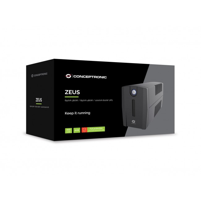 Conceptronic ZEUS02G 850VA 480W UPS, UK socket x 2, HID USB, RJ45 In/Out, AVR