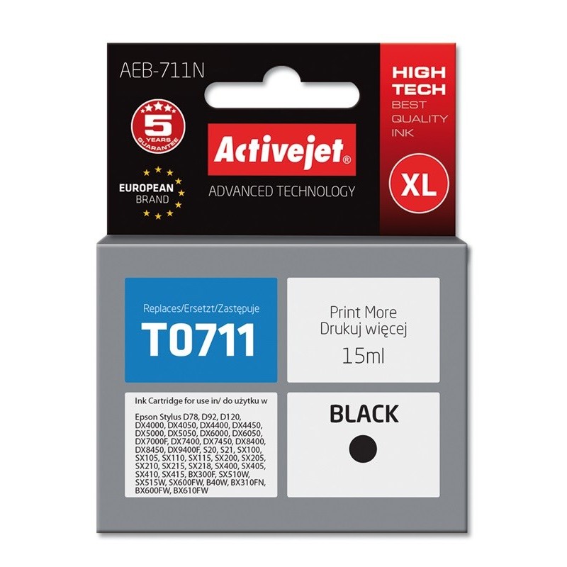 Activejet AEB-711N Ink (replacement for Epson T0711, T0891, T1001 Supreme 15 ml black)