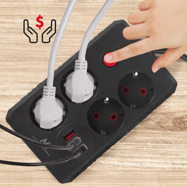 Maclean power strip, 4-socket extension cable + 3xUSB, 110-240V AC 50/60Hz, 2.1A max 2500W, 3m, black, MCE393 B