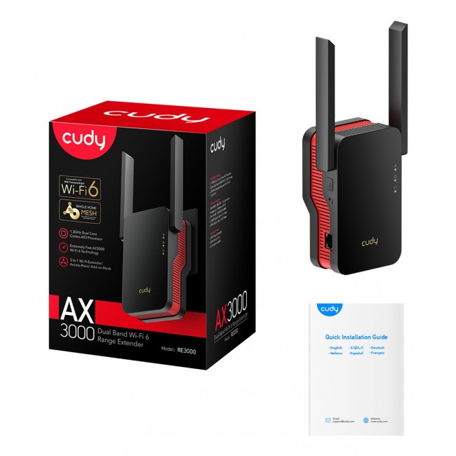 Cudy RE3000 network extender Network repeater Black, Red 10, 100, 1000 Mbit/s