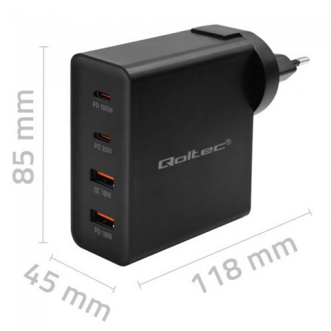 Qoltec GaN POWER PRO Charger | 2xUSB-C | 2xUSB | 130W | 5-20V | 1.5-5A | XP | Black